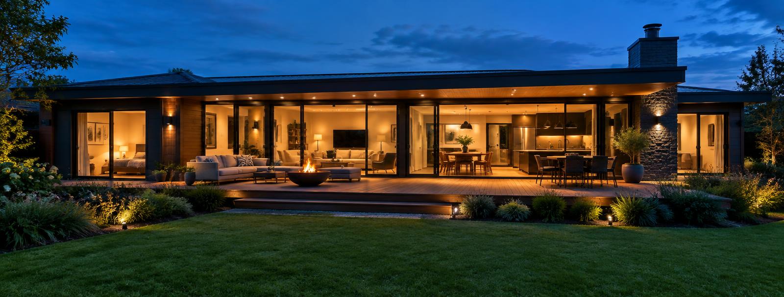 Modern home with sliding glass doors open onto a lit timber deck at dusk