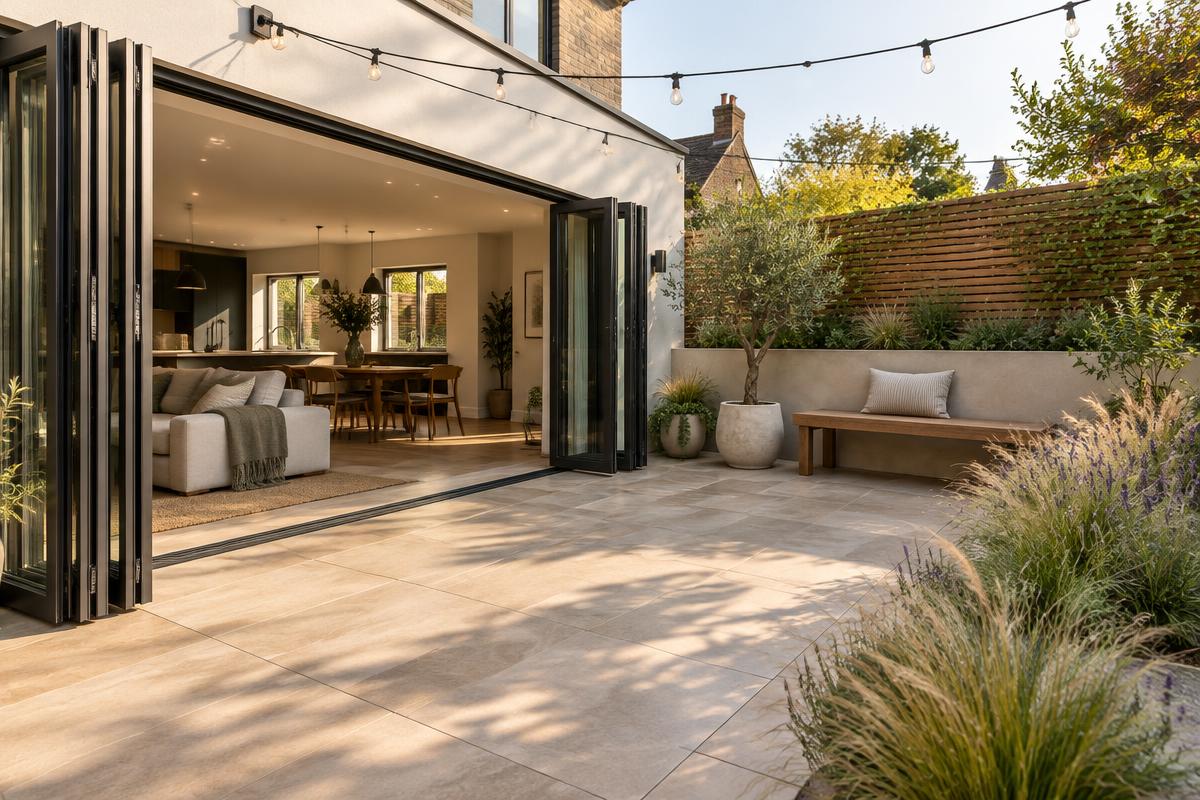 Modern patio with open bifold doors leading from the kitchen to a paved terrace