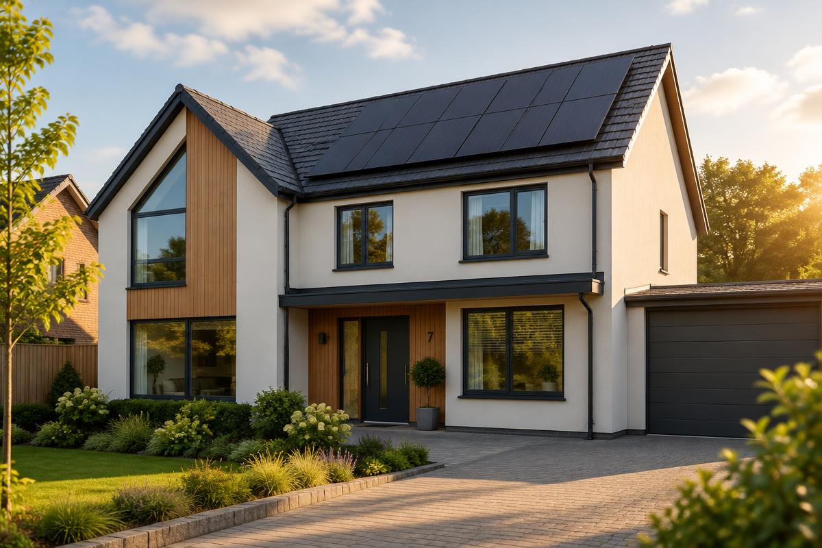 Modern home with black solar panels on the roof at sunset