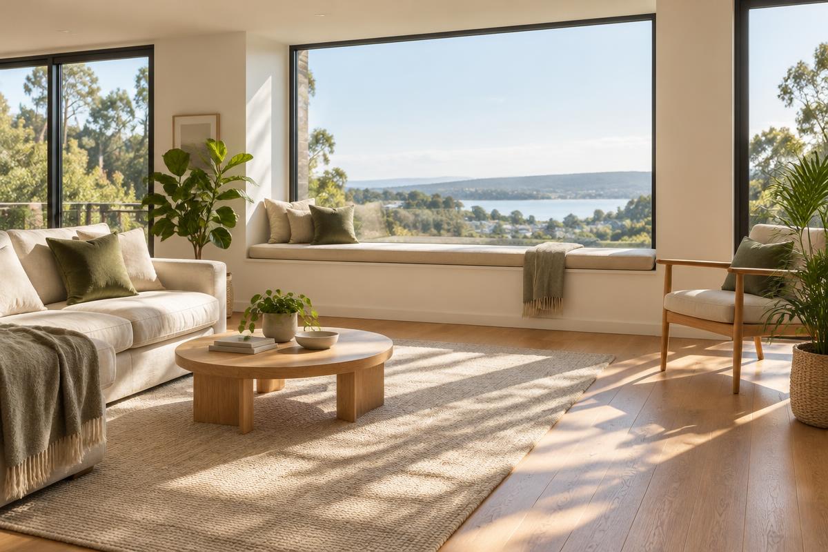 Bright modern living room with a large picture window and built-in window seat